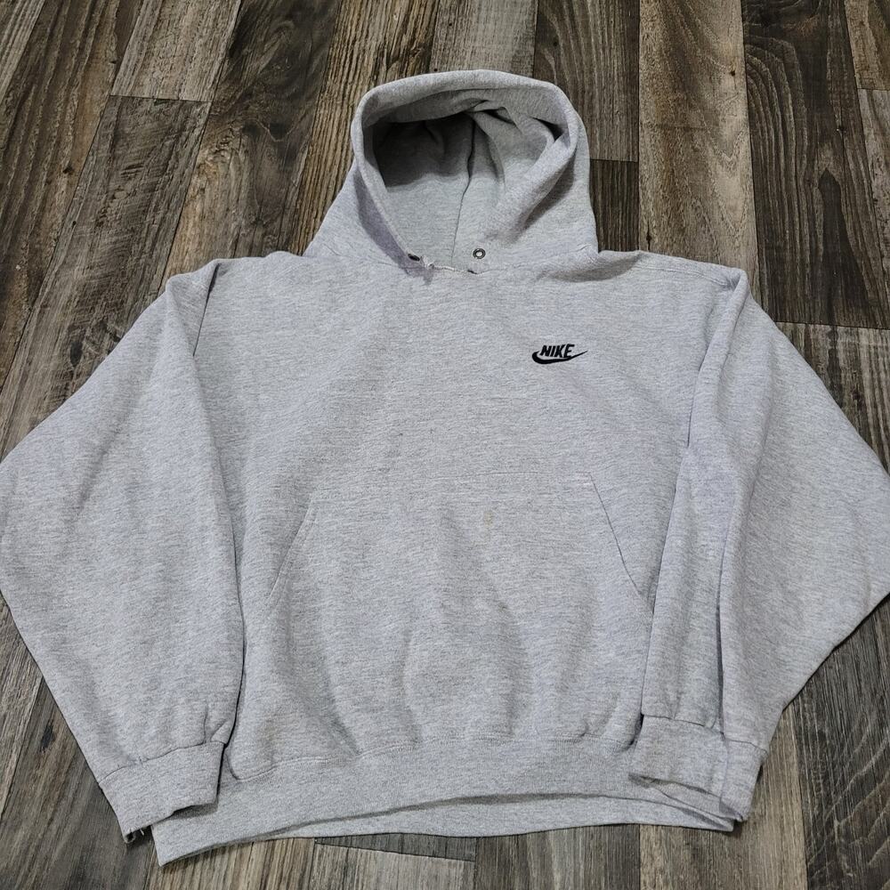 Vintage 90s Nike Hoodie Heather Grey USA Made Boxy Cropped Medium Distressed